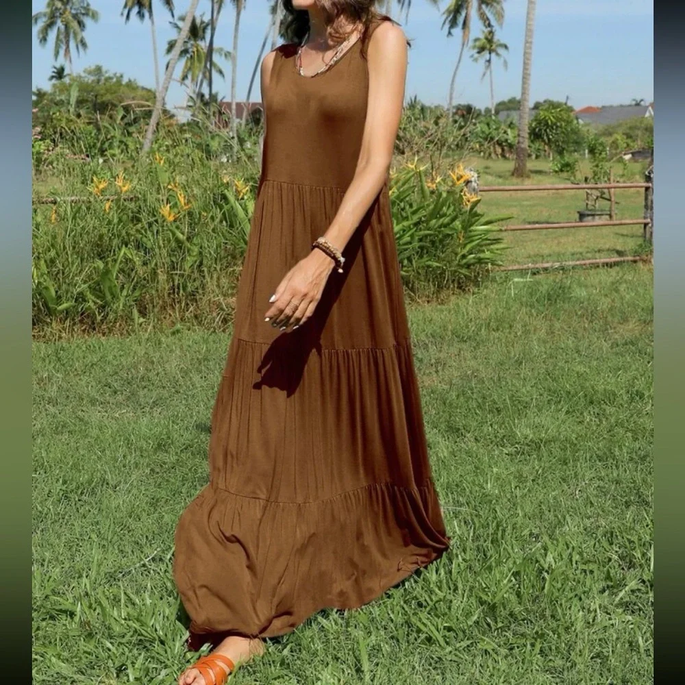 Boho ruffle hem smock dress